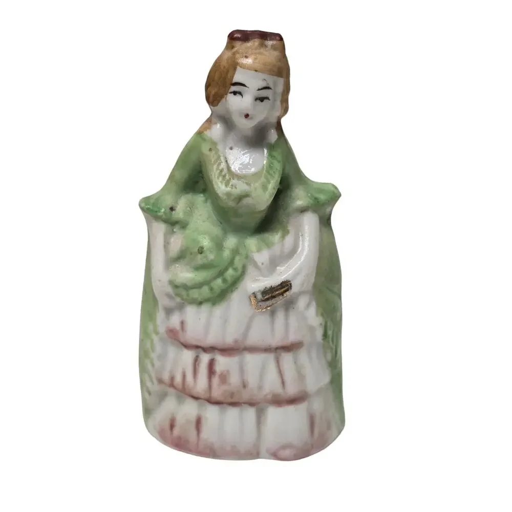 Vintage Japan Porcelain Woman Dinner Bell Mini Figurine Victorian Home Decor